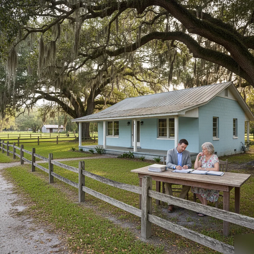 Will and trust attorney near Gotha Florida in Windermere reviewing estate documents with homeowners on Old Florida ranch