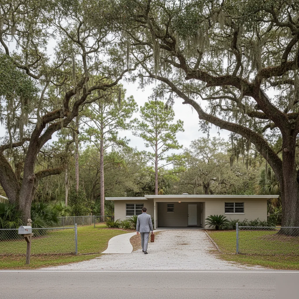 Will and trust attorney near Gotha Florida walking toward Old Florida ranch home on quiet Windermere area street