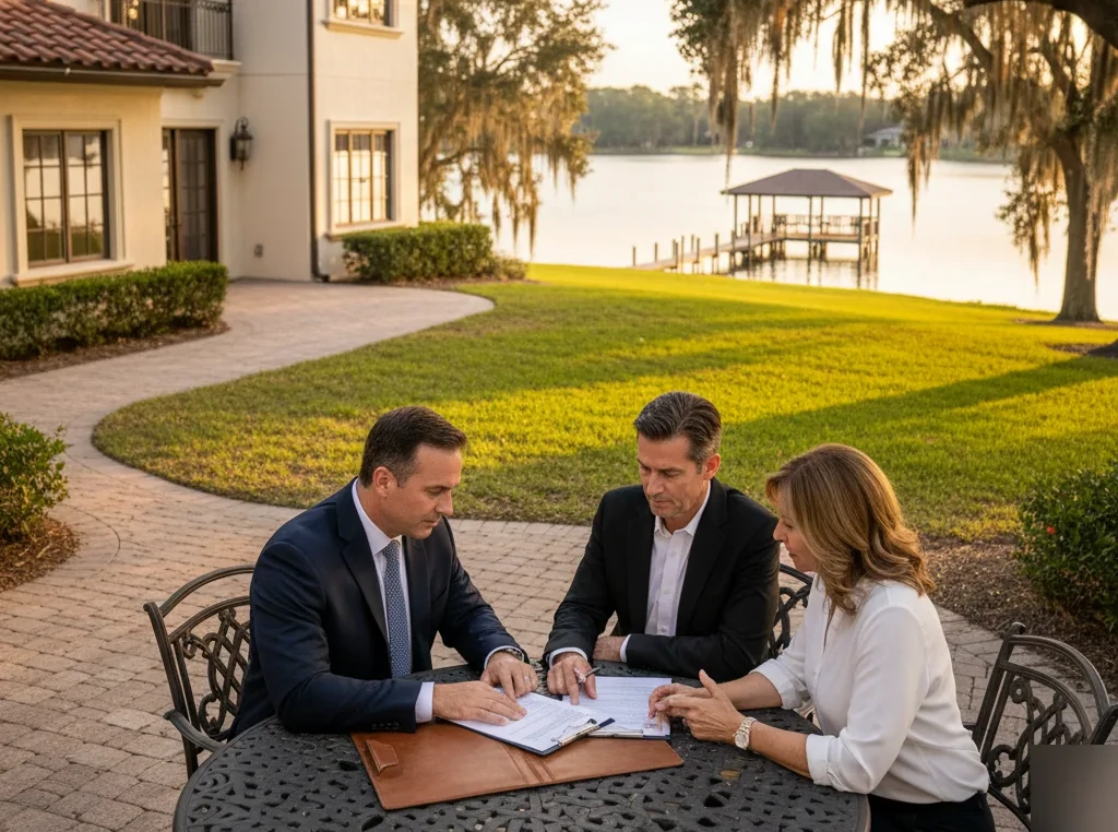Estate planning attorney near Lake Butler in Windermere walking toward luxury neighborhood home