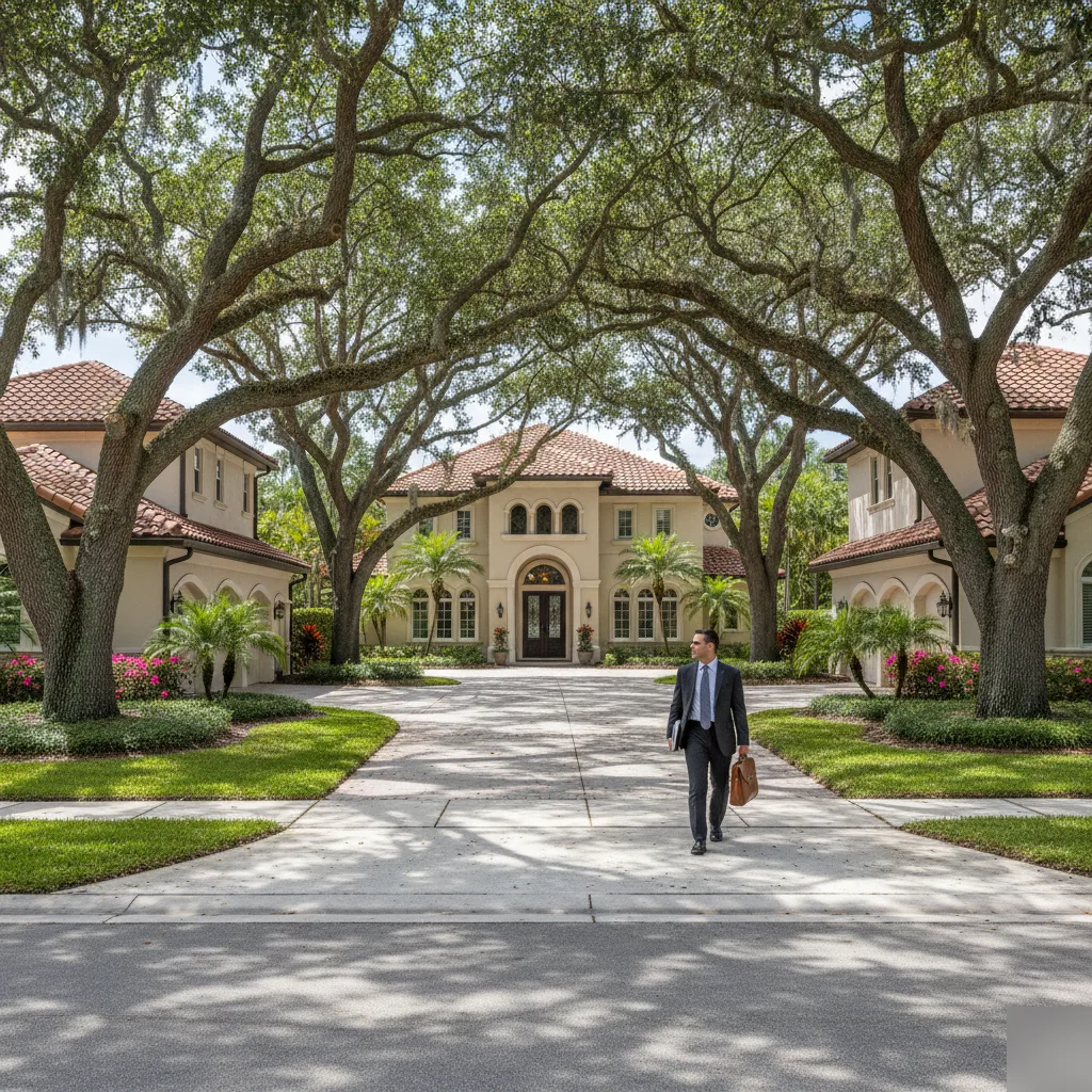 Estate planning attorney near Lake Butler in Windermere walking toward luxury neighborhood home