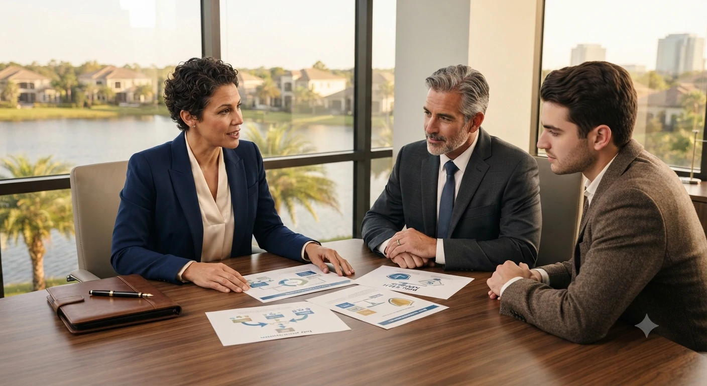 Business succession attorney meeting with business owners in Windermere, Florida.