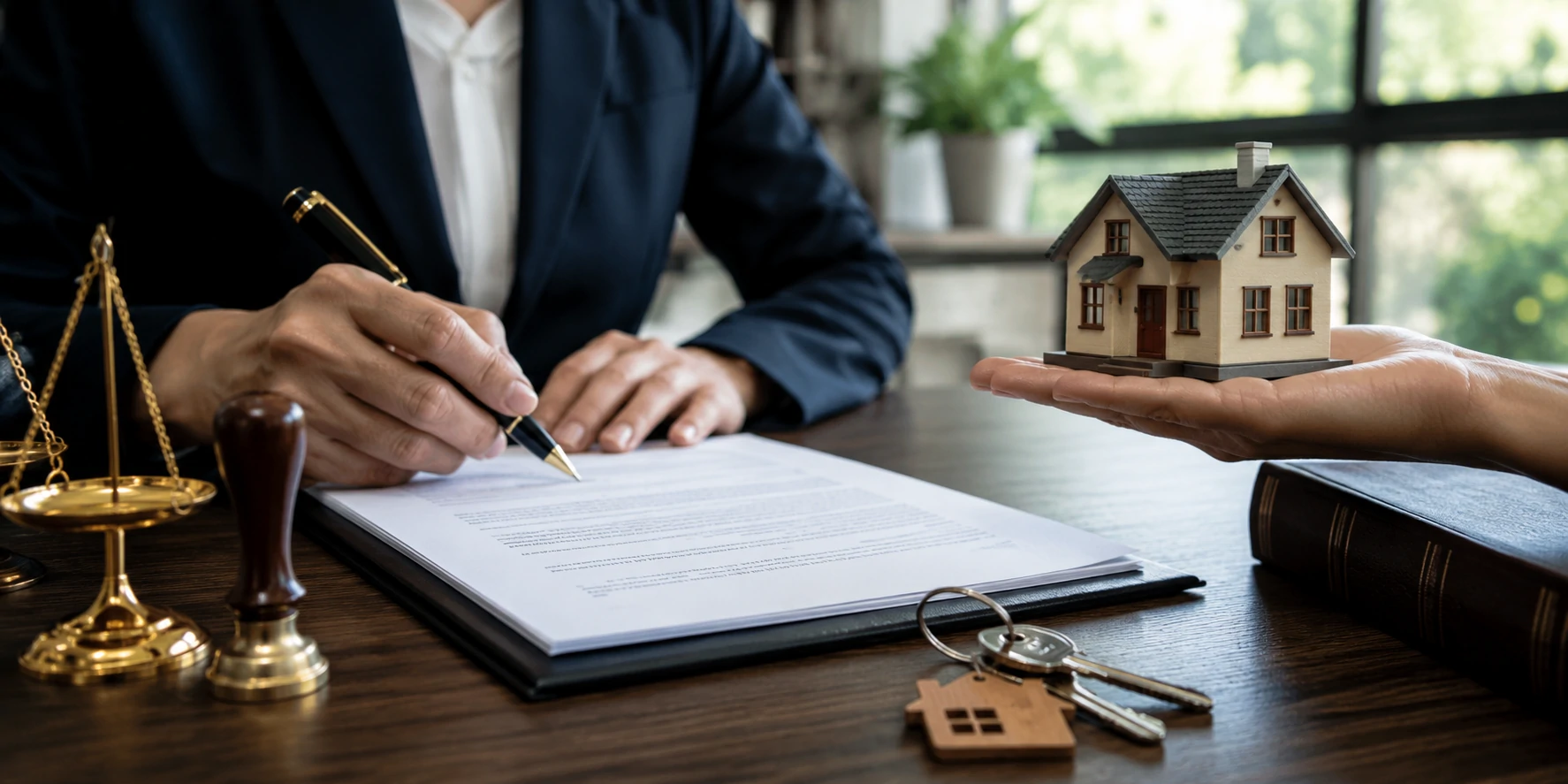Property owner signing a deed transfer document with a real estate attorney in Windermere, Florida.